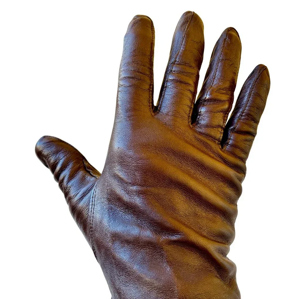 Vintage Brown Leather Gloves Unlined Button Wrist WASHABLE Womens 7.5